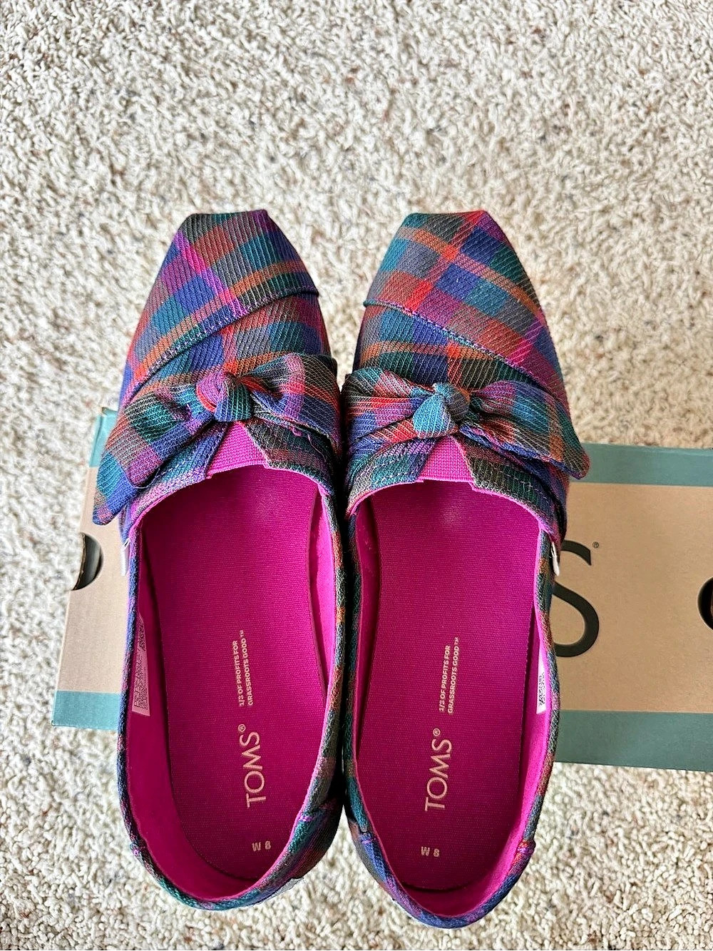 TOMS Alpargata Bow Slip-On Flats Multi Plaid Bow Slip-On Flats Purple & Blue US
